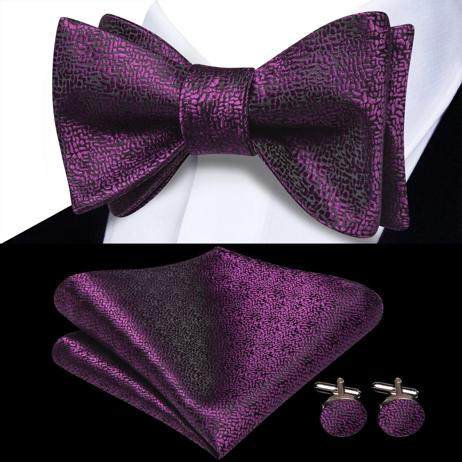 Men's Bow Tie, Handkerchief, and Cufflinks Set - Jacquard Floral Pre-Tied Butterfly Bowtie for Weddings and Business Events