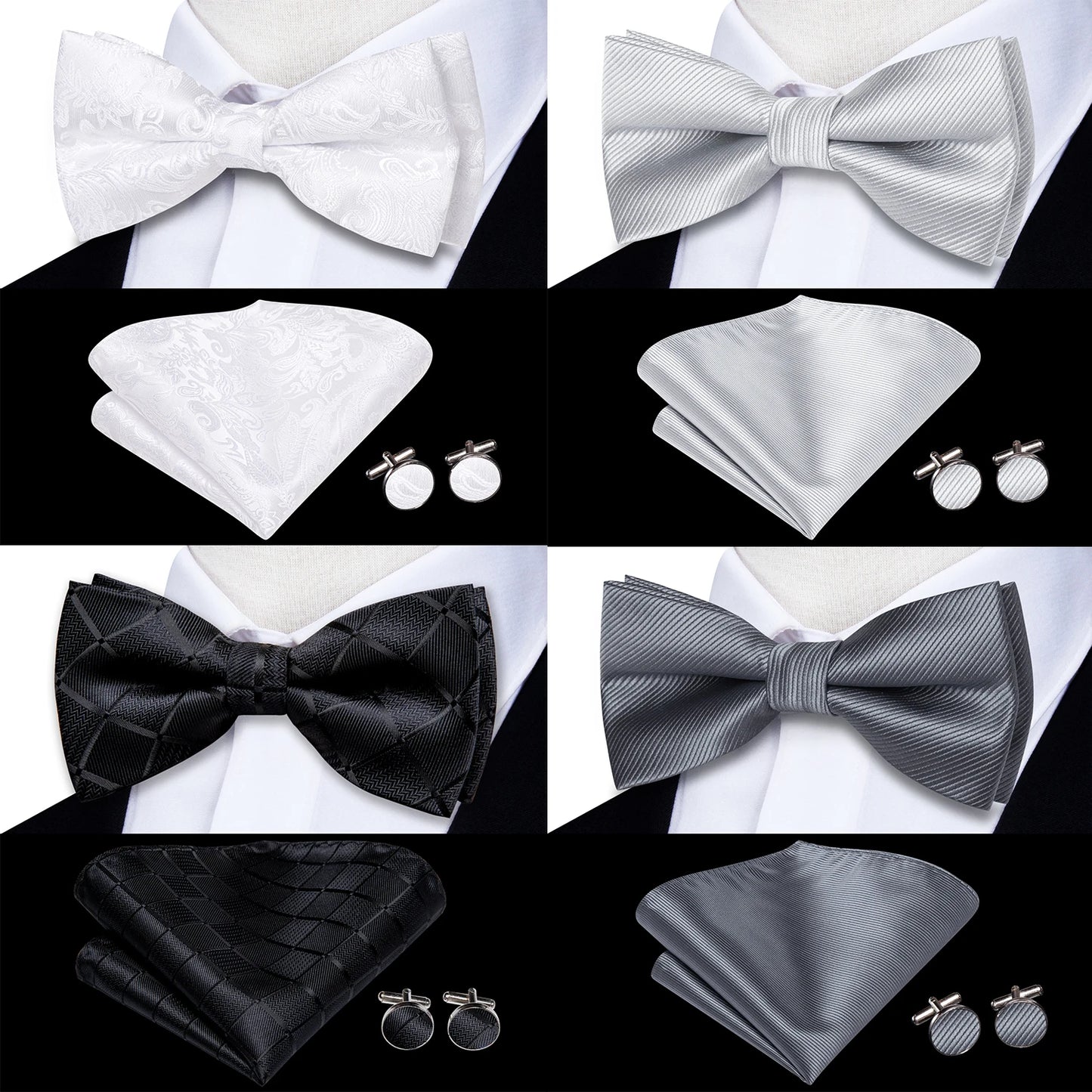Men's Bow Tie, Silk, Handkerchief, and Cufflinks Set in White, Black, Gray, and Silver - Pre-Tied Butterfly Knot for Weddings and Business Events