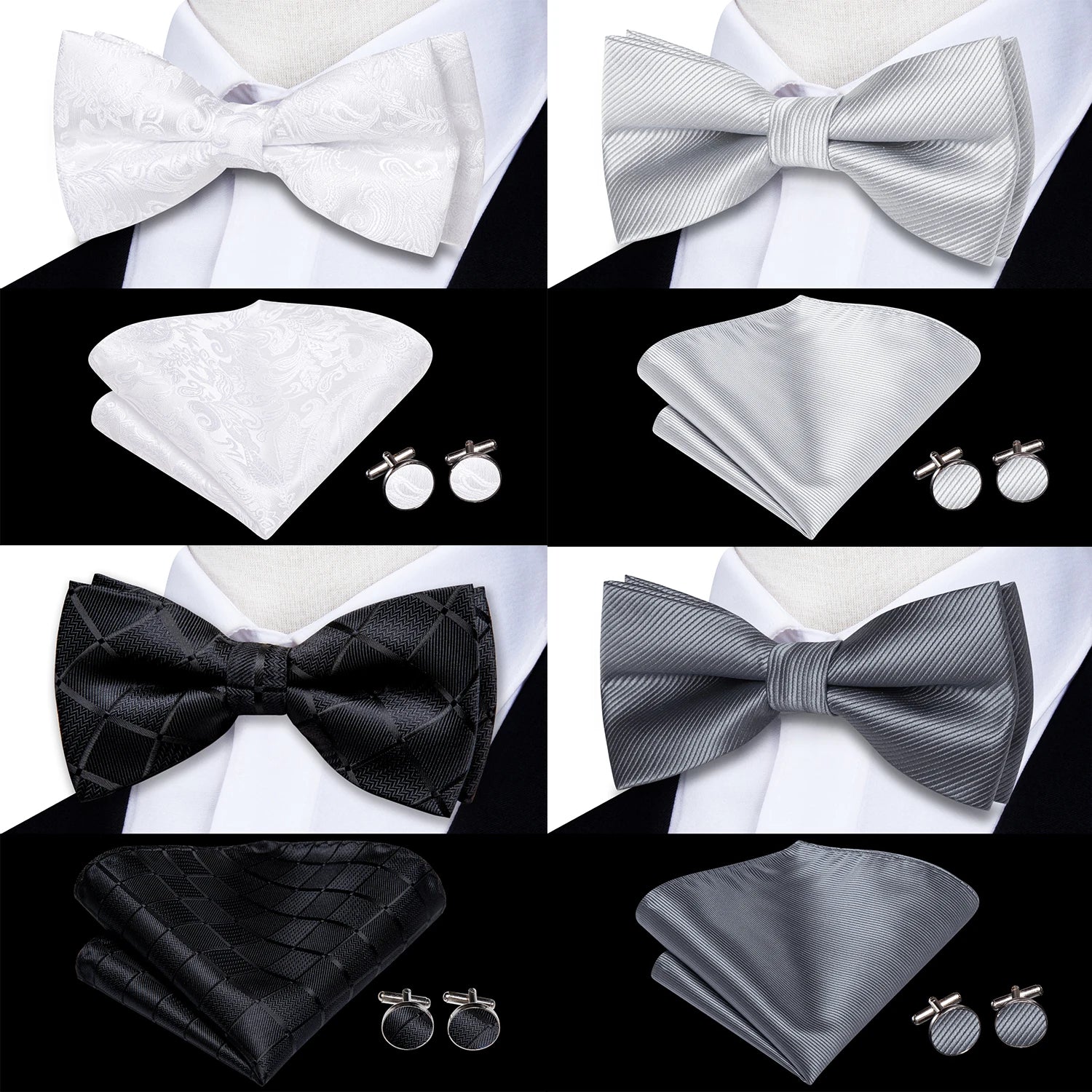 Men's Bow Tie, Silk, Handkerchief, and Cufflinks Set in White, Black, Gray, and Silver - Pre-Tied Butterfly Knot for Weddings and Business Events