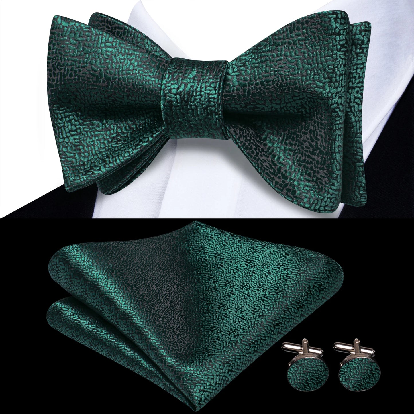 Men's Bow Tie, Handkerchief, and Cufflinks Set - Jacquard Floral Pre-Tied Butterfly Bowtie for Weddings and Business Events