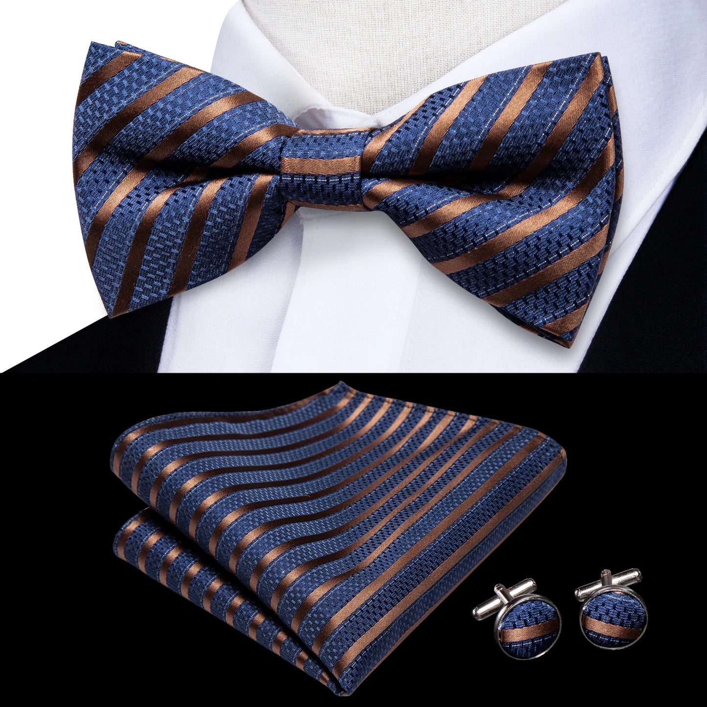 Men's Jacquard Silk Black and Gold Striped Bow Tie Set with Handkerchief and Cufflinks - Pre-Tied Butterfly Bowknot Gift for Adults