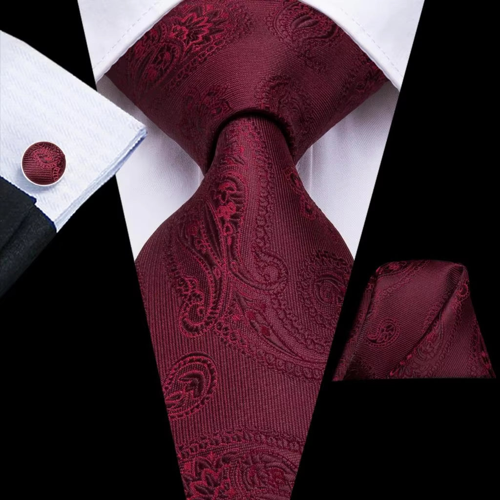 Designer Red Burgundy Plaid Silk Wedding Tie for Men Handky Cufflink Gift Mens Necktie Fashion Business Party Dropshiping