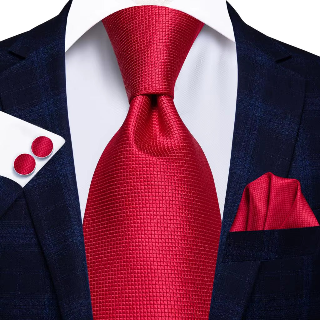 Designer Red Burgundy Plaid Silk Wedding Tie for Men Handky Cufflink Gift Mens Necktie Fashion Business Party Dropshiping