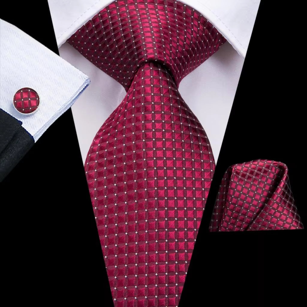 Designer Red Burgundy Plaid Silk Wedding Tie for Men Handky Cufflink Gift Mens Necktie Fashion Business Party Dropshiping