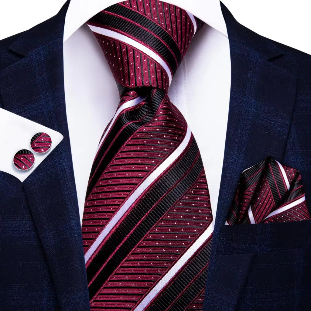 Designer Red Burgundy Plaid Silk Wedding Tie for Men Handky Cufflink Gift Mens Necktie Fashion Business Party Dropshiping