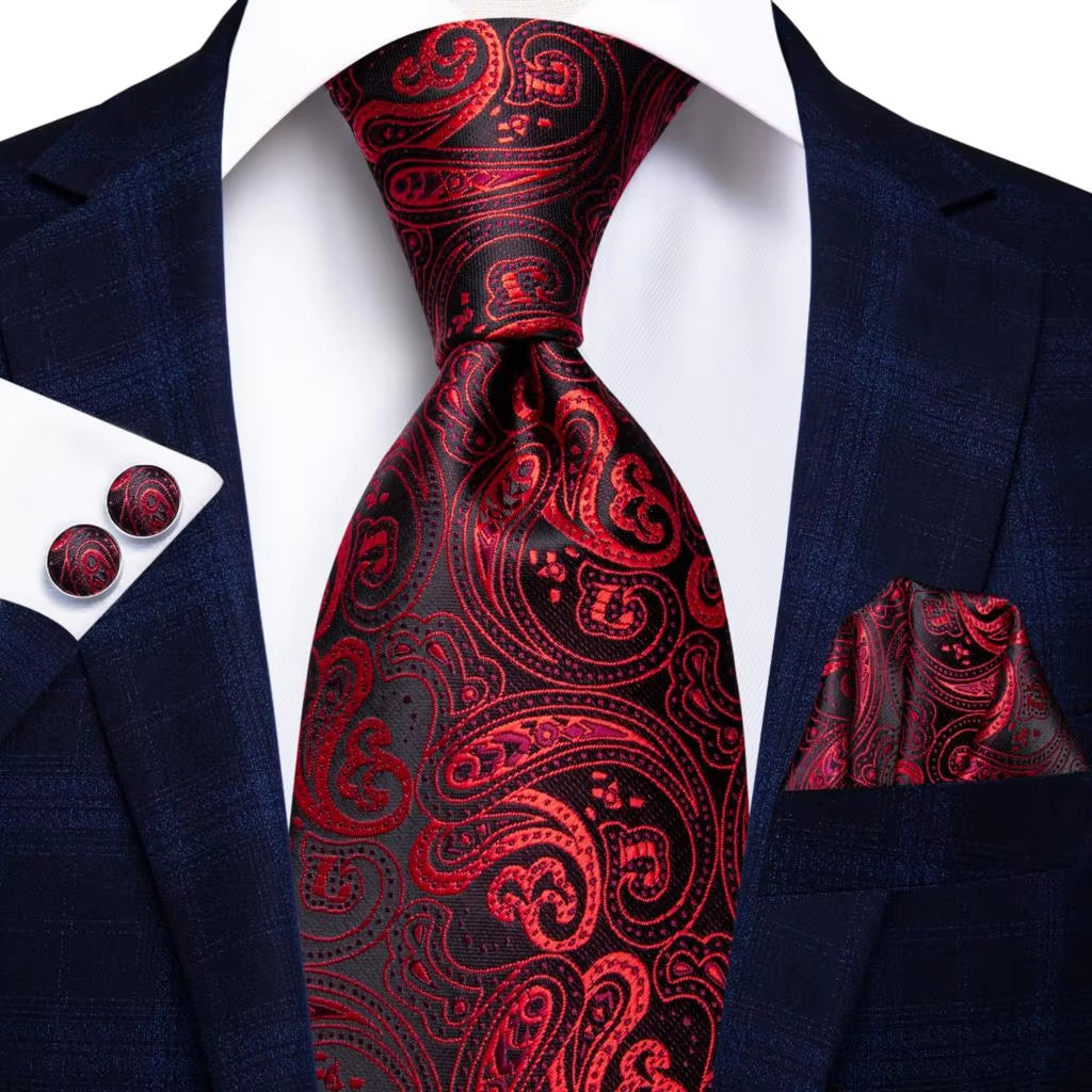 Designer Red Burgundy Plaid Silk Wedding Tie for Men Handky Cufflink Gift Mens Necktie Fashion Business Party Dropshiping