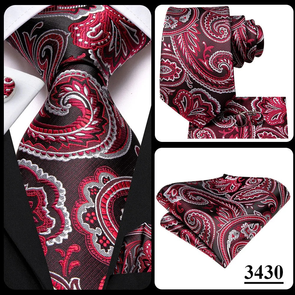 HI-TIE - 3 Piece Red Color Collection - Tie, Cufflinks, Pocket Square - Business, Weddings, Formal Events