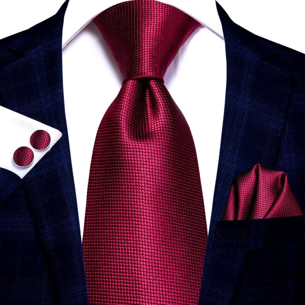 Designer Red Burgundy Plaid Silk Wedding Tie for Men Handky Cufflink Gift Mens Necktie Fashion Business Party Dropshiping