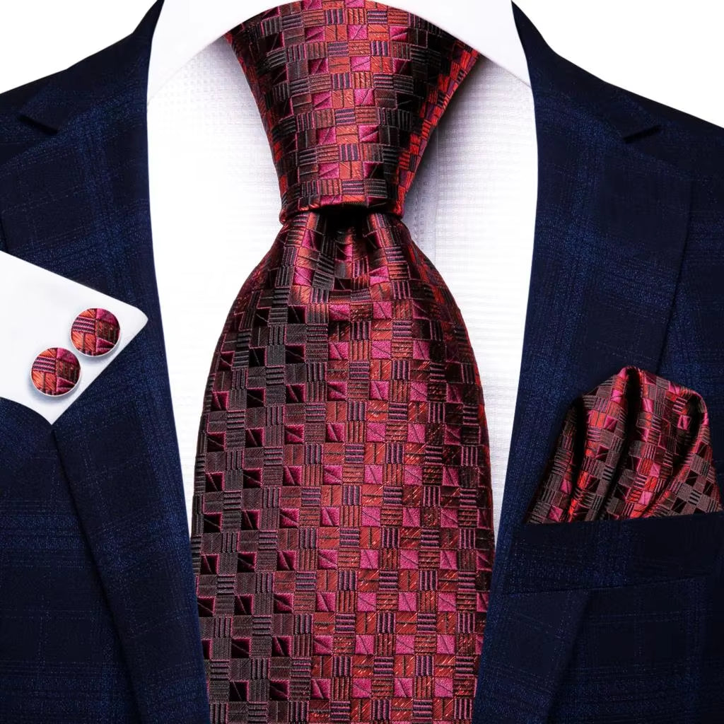 Designer Red Burgundy Plaid Silk Wedding Tie for Men Handky Cufflink Gift Mens Necktie Fashion Business Party Dropshiping