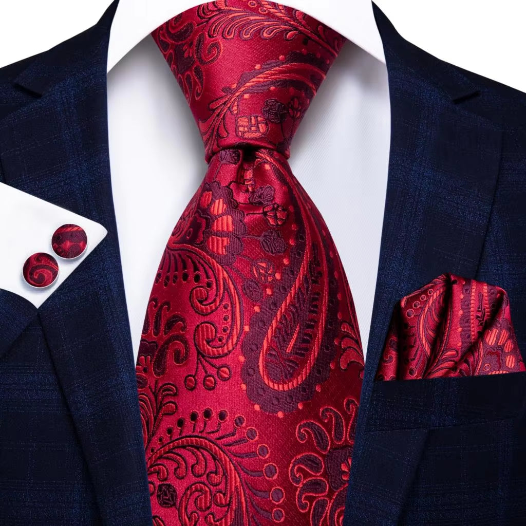 Designer Red Burgundy Plaid Silk Wedding Tie for Men Handky Cufflink Gift Mens Necktie Fashion Business Party Dropshiping