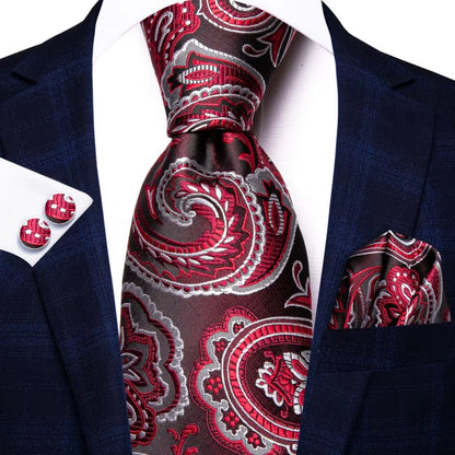 Designer Red Burgundy Plaid Silk Wedding Tie for Men Handky Cufflink Gift Mens Necktie Fashion Business Party Dropshiping