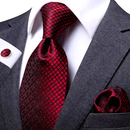 Designer Red Burgundy Plaid Silk Wedding Tie for Men Handky Cufflink Gift Mens Necktie Fashion Business Party Dropshiping