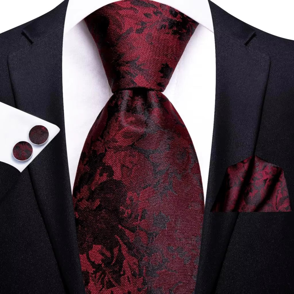 Designer Red Burgundy Plaid Silk Wedding Tie for Men Handky Cufflink Gift Mens Necktie Fashion Business Party Dropshiping