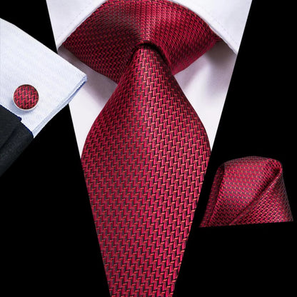 Designer Red Burgundy Plaid Silk Wedding Tie for Men Handky Cufflink Gift Mens Necktie Fashion Business Party Dropshiping