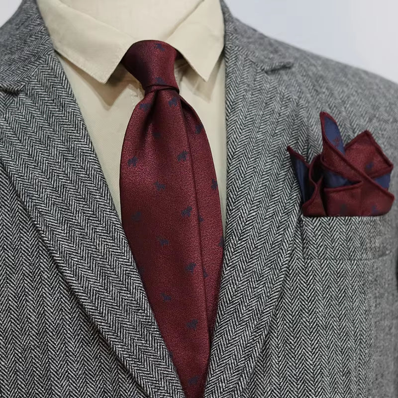 2 Pieces Neck Tie Set New Trendy Brown Neckties Men Formal Block Striped Paisley Pocket Square Polyester Red Handkerchief Cravat