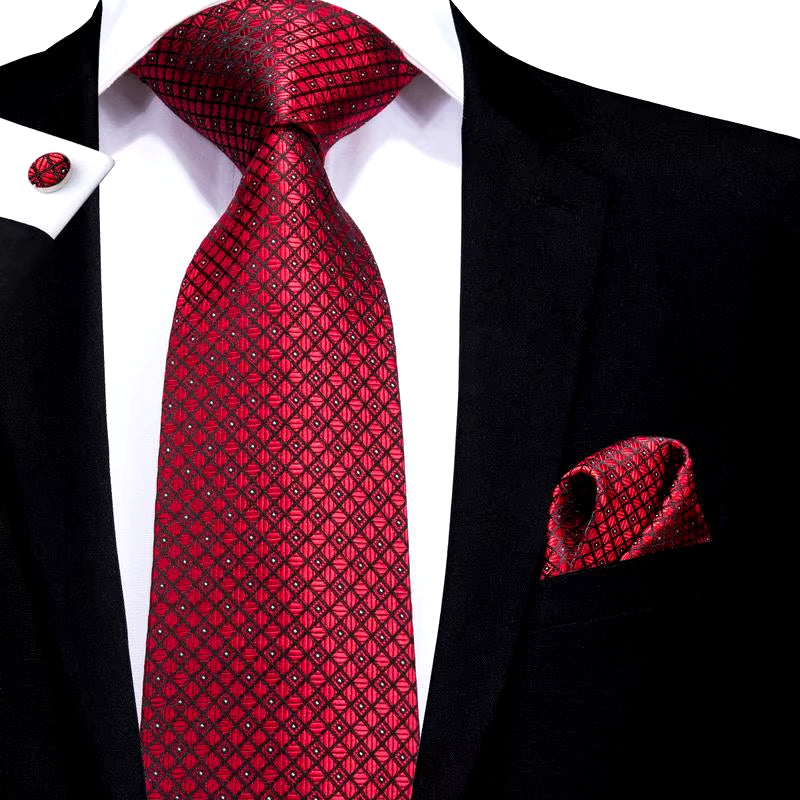 Designer Red Burgundy Plaid Silk Wedding Tie for Men Handky Cufflink Gift Mens Necktie Fashion Business Party Dropshiping