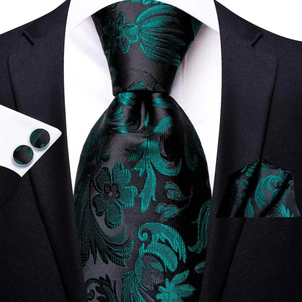 Black Floral Silk Wedding Tie for Men Handky Cufflink Elegant Necktie for Men Fashion Designer Business Party Dropshiping