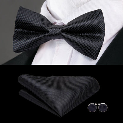 Men's Jacquard Silk Black and Gold Striped Bow Tie Set with Handkerchief and Cufflinks - Pre-Tied Butterfly Bowknot Gift for Adults