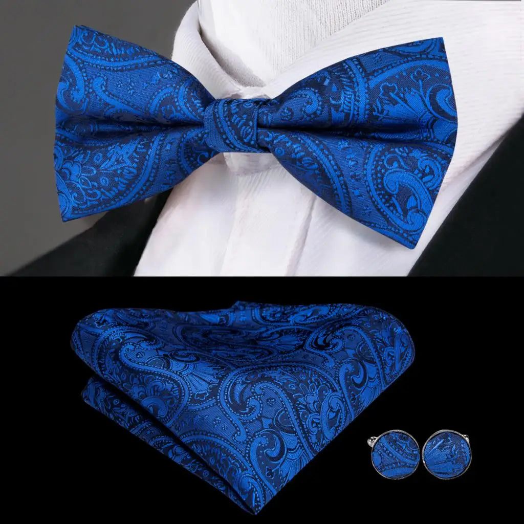 Men's Jacquard Silk Black and Gold Striped Bow Tie Set with Handkerchief and Cufflinks - Pre-Tied Butterfly Bowknot Gift for Adults
