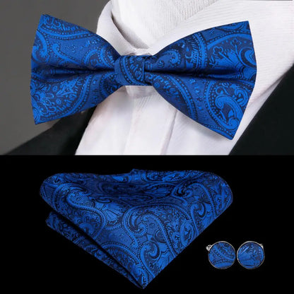 Men's Jacquard Silk Black and Gold Striped Bow Tie Set with Handkerchief and Cufflinks - Pre-Tied Butterfly Bowknot Gift for Adults