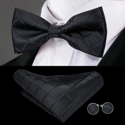 Men's Jacquard Silk Black and Gold Striped Bow Tie Set with Handkerchief and Cufflinks - Pre-Tied Butterfly Bowknot Gift for Adults