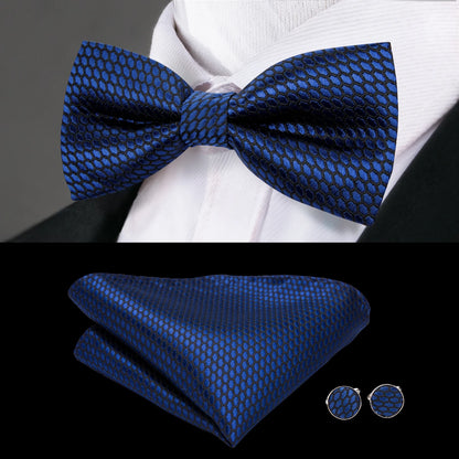 Men's Jacquard Silk Black and Gold Striped Bow Tie Set with Handkerchief and Cufflinks - Pre-Tied Butterfly Bowknot Gift for Adults