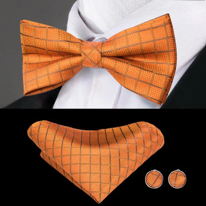 Men's Jacquard Silk Black and Gold Striped Bow Tie Set with Handkerchief and Cufflinks - Pre-Tied Butterfly Bowknot Gift for Adults