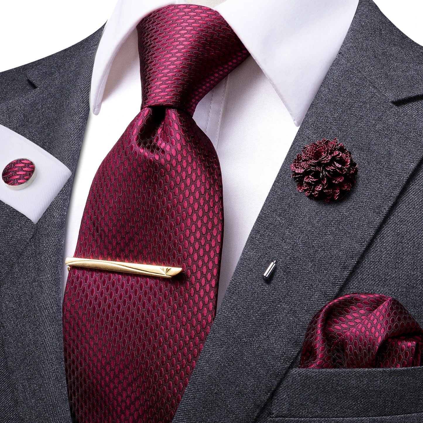 Luxury Silk and Paisley Tie Set for Men with Tie Clip, Hanky, and Cufflinks - Ideal for Formal Weddings