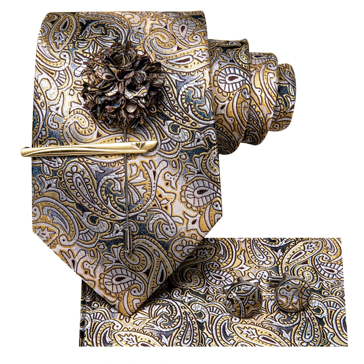 Luxury Silk and Paisley Tie Set for Men with Tie Clip, Hanky, and Cufflinks - Ideal for Formal Weddings
