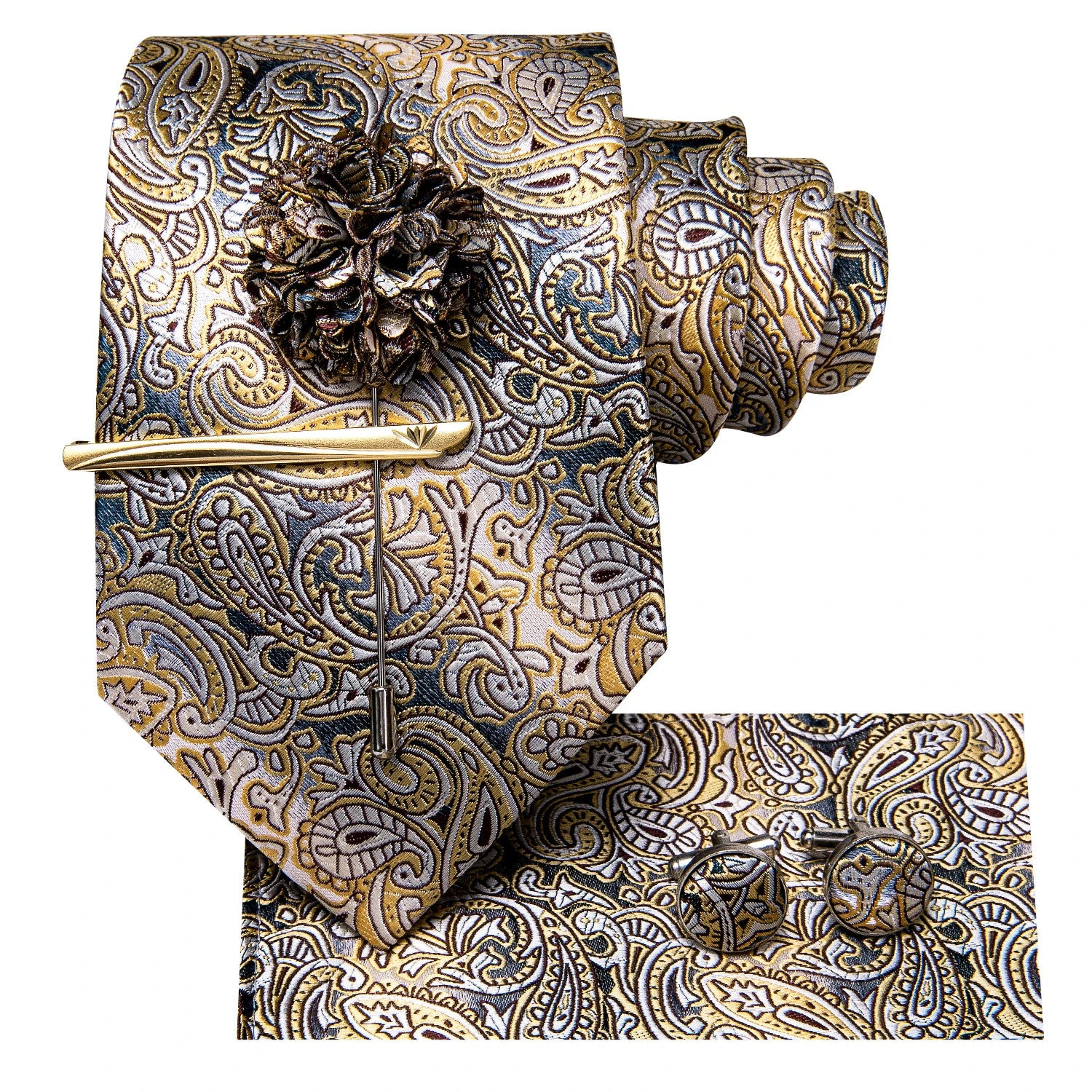Luxury Silk and Paisley Tie Set for Men with Tie Clip, Hanky, and Cufflinks - Ideal for Formal Weddings