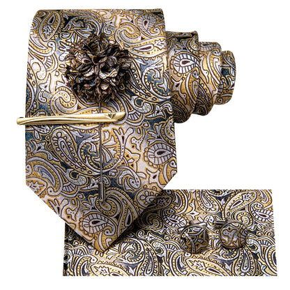 Luxury Silk and Paisley Tie Set for Men with Tie Clip, Hanky, and Cufflinks - Ideal for Formal Weddings