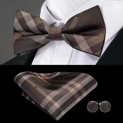 Men's Jacquard Silk Black and Gold Striped Bow Tie Set with Handkerchief and Cufflinks - Pre-Tied Butterfly Bowknot Gift for Adults