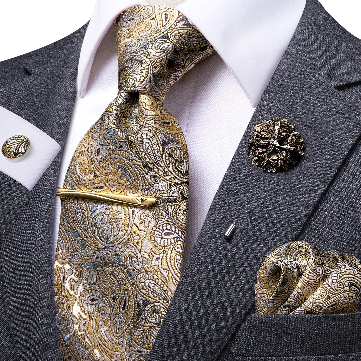Luxury Silk and Paisley Tie Set for Men with Tie Clip, Hanky, and Cufflinks - Ideal for Formal Weddings
