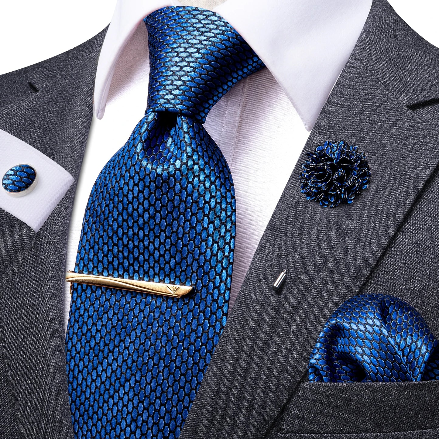 Luxury Silk and Paisley Tie Set for Men with Tie Clip, Hanky, and Cufflinks - Ideal for Formal Weddings