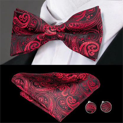 Men's Jacquard Silk Black and Gold Striped Bow Tie Set with Handkerchief and Cufflinks - Pre-Tied Butterfly Bowknot Gift for Adults