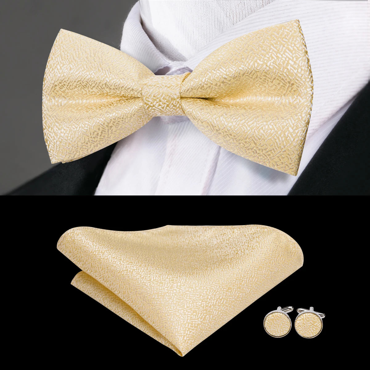 Men's Jacquard Silk Black and Gold Striped Bow Tie Set with Handkerchief and Cufflinks - Pre-Tied Butterfly Bowknot Gift for Adults