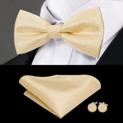 Men's Jacquard Silk Black and Gold Striped Bow Tie Set with Handkerchief and Cufflinks - Pre-Tied Butterfly Bowknot Gift for Adults