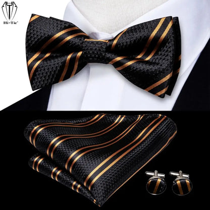 Men's Jacquard Silk Black and Gold Striped Bow Tie Set with Handkerchief and Cufflinks - Pre-Tied Butterfly Bowknot Gift for Adults