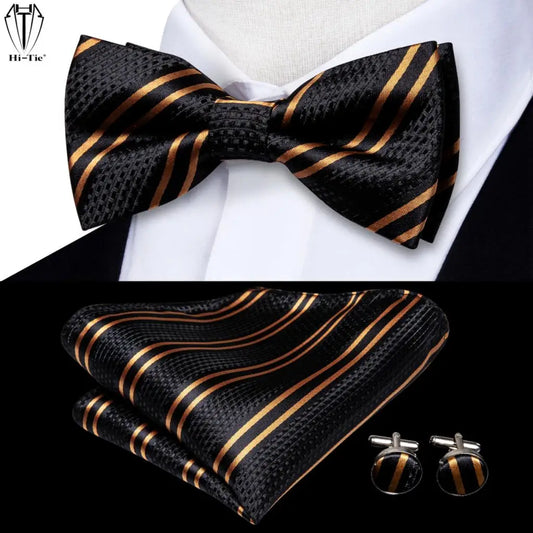 Men's Jacquard Silk Black and Gold Striped Bow Tie Set with Handkerchief and Cufflinks - Pre-Tied Butterfly Bowknot Gift for Adults