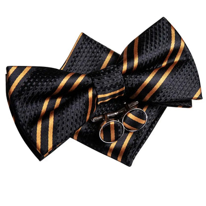 Men's Jacquard Silk Black and Gold Striped Bow Tie Set with Handkerchief and Cufflinks - Pre-Tied Butterfly Bowknot Gift for Adults