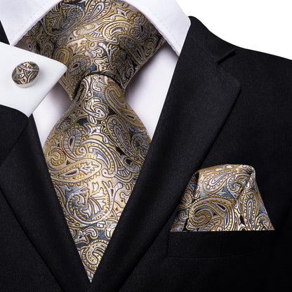 Luxury Silk and Paisley Tie Set for Men with Tie Clip, Hanky, and Cufflinks - Ideal for Formal Weddings