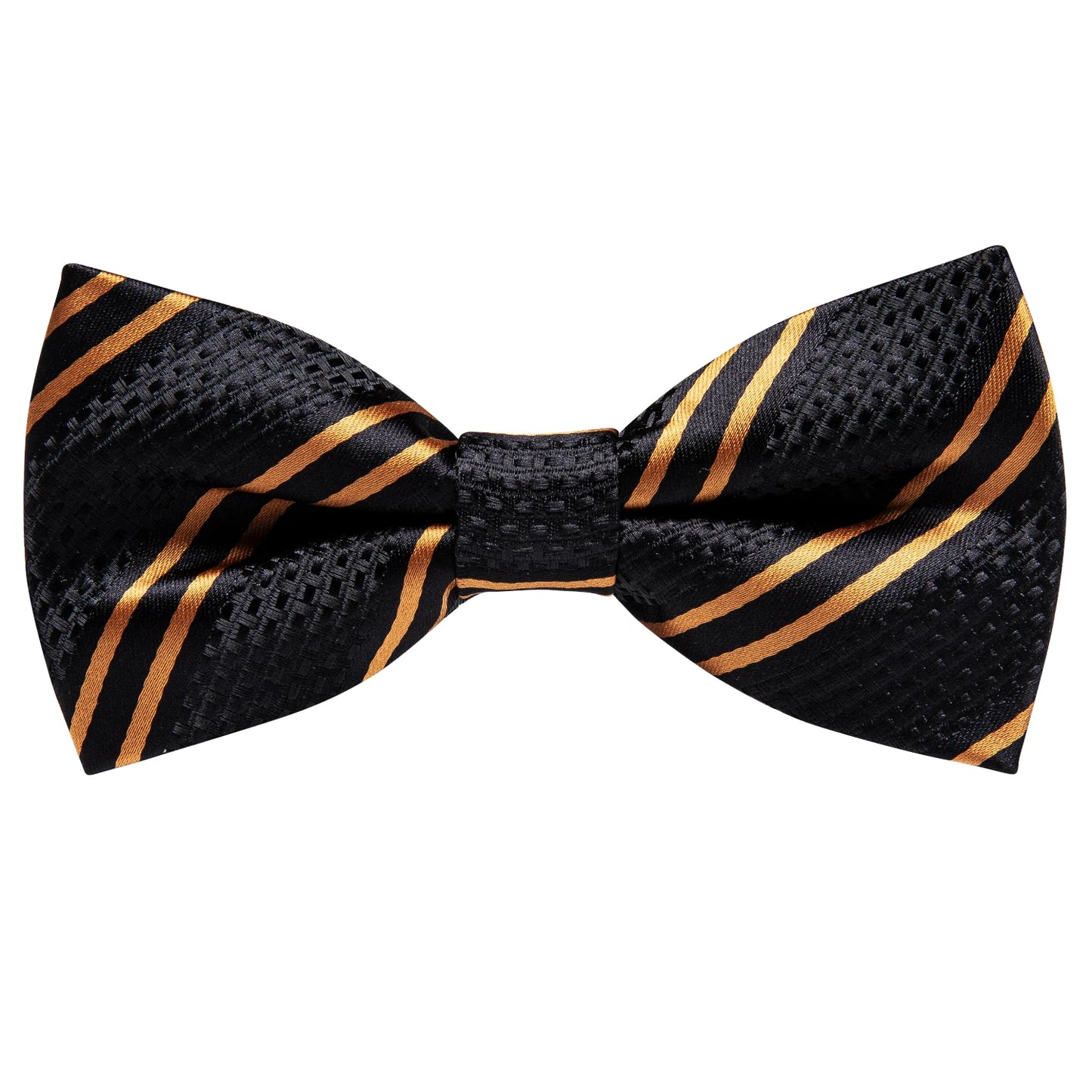 Men's Jacquard Silk Black and Gold Striped Bow Tie Set with Handkerchief and Cufflinks - Pre-Tied Butterfly Bowknot Gift for Adults