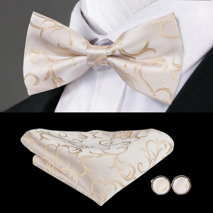 Men's Jacquard Silk Black and Gold Striped Bow Tie Set with Handkerchief and Cufflinks - Pre-Tied Butterfly Bowknot Gift for Adults