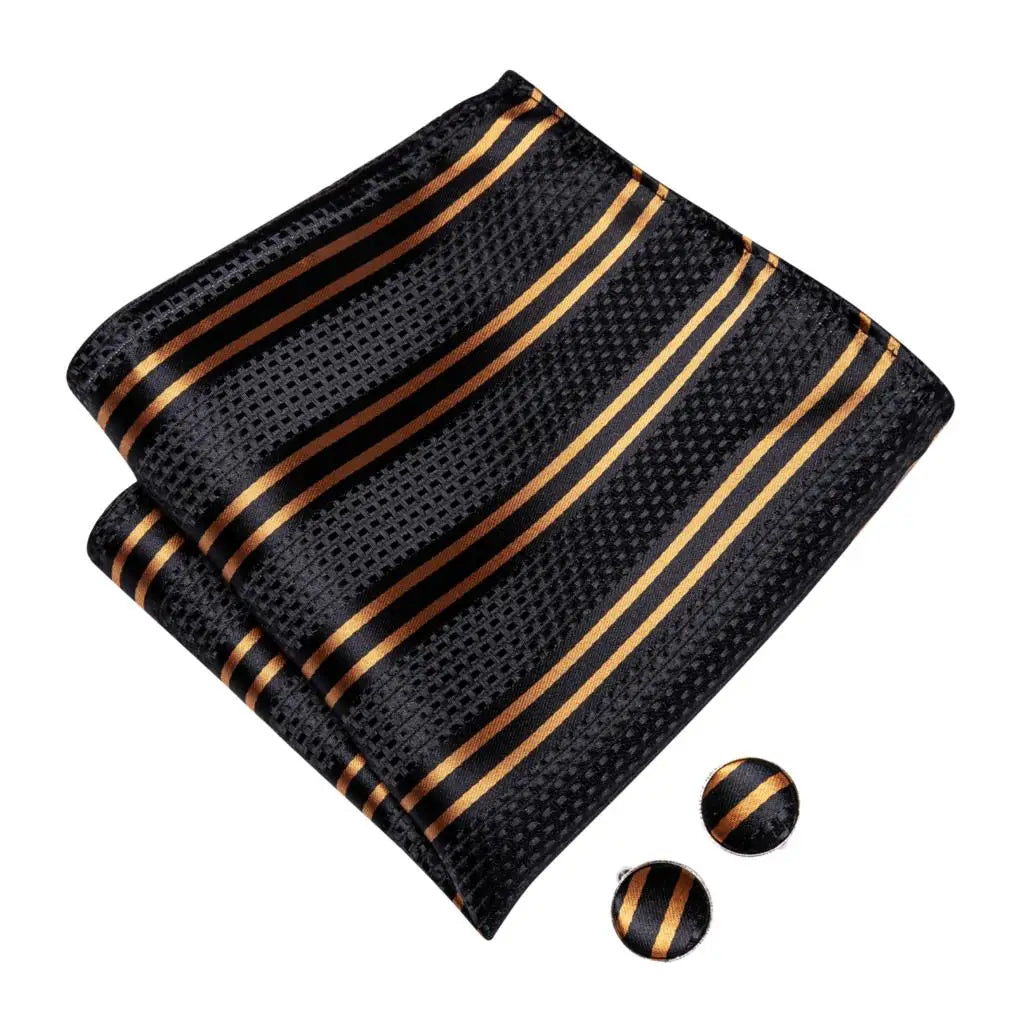 Men's Jacquard Silk Black and Gold Striped Bow Tie Set with Handkerchief and Cufflinks - Pre-Tied Butterfly Bowknot Gift for Adults