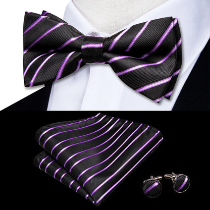 Men's Jacquard Silk Black and Gold Striped Bow Tie Set with Handkerchief and Cufflinks - Pre-Tied Butterfly Bowknot Gift for Adults