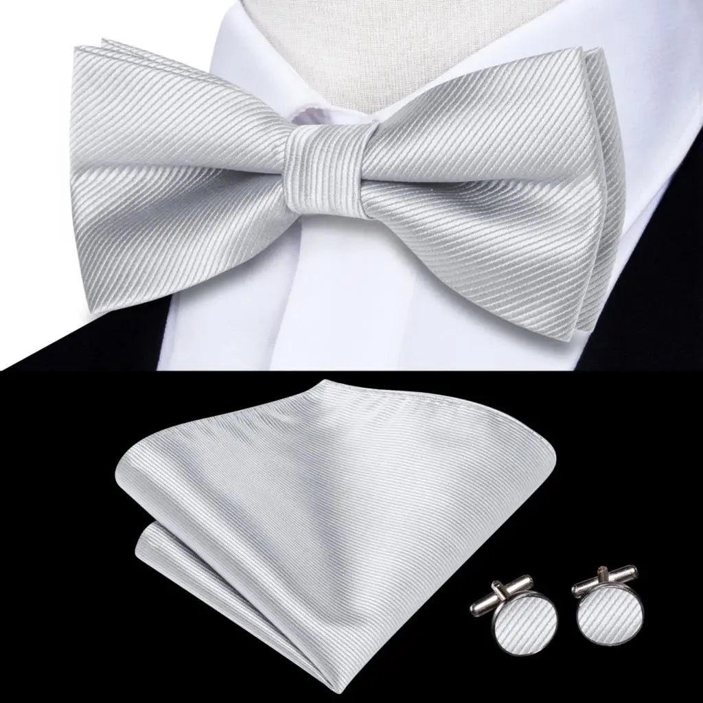 Men's Bow Tie, Silk, Handkerchief, and Cufflinks Set in White, Black, Gray, and Silver - Pre-Tied Butterfly Knot for Weddings and Business Events