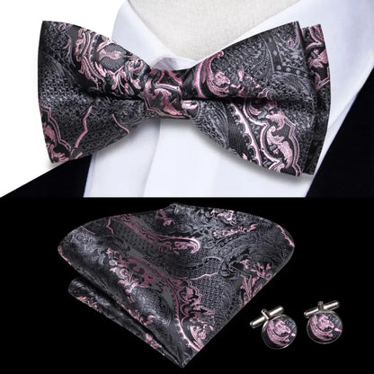 Men's Bow Tie, Silk, Handkerchief, and Cufflinks Set in White, Black, Gray, and Silver - Pre-Tied Butterfly Knot for Weddings and Business Events