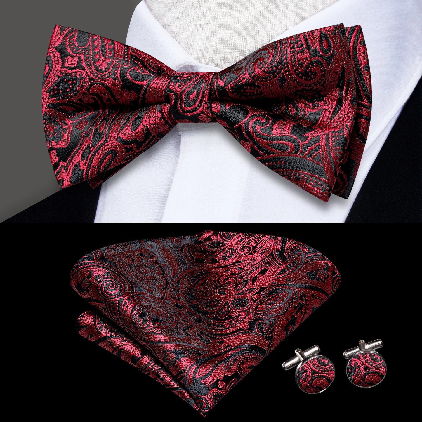 Men's Jacquard Silk Black and Gold Striped Bow Tie Set with Handkerchief and Cufflinks - Pre-Tied Butterfly Bowknot Gift for Adults