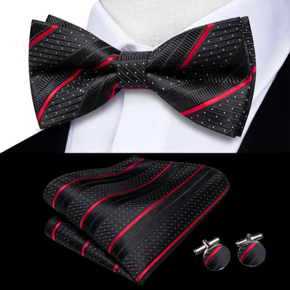 Men's Jacquard Silk Black and Gold Striped Bow Tie Set with Handkerchief and Cufflinks - Pre-Tied Butterfly Bowknot Gift for Adults