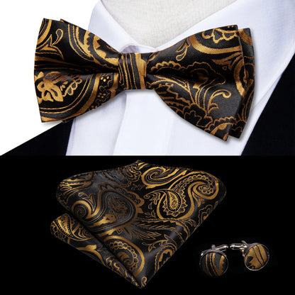 Men's Jacquard Silk Black and Gold Striped Bow Tie Set with Handkerchief and Cufflinks - Pre-Tied Butterfly Bowknot Gift for Adults